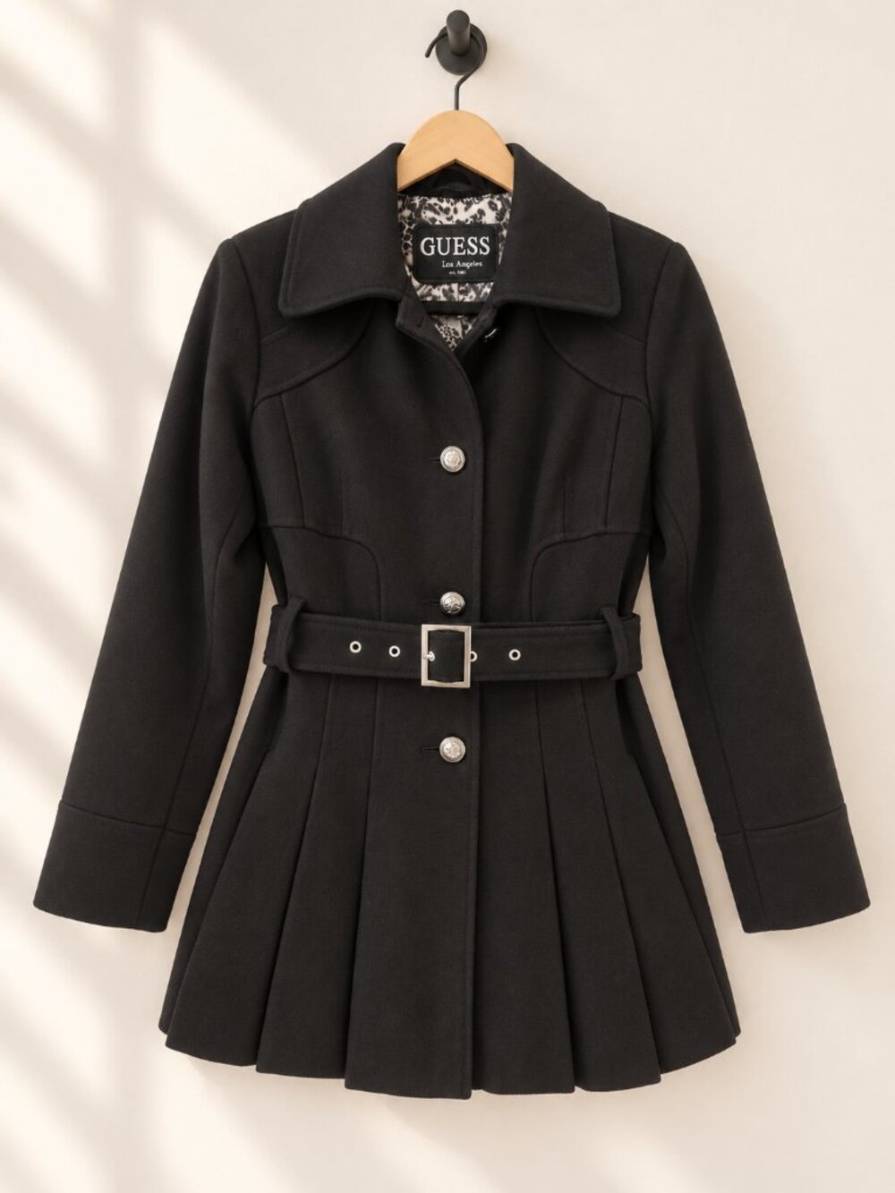 GUESS, Pleated Wool Blend Coat, Vintage Y2K, Black, Women’s M